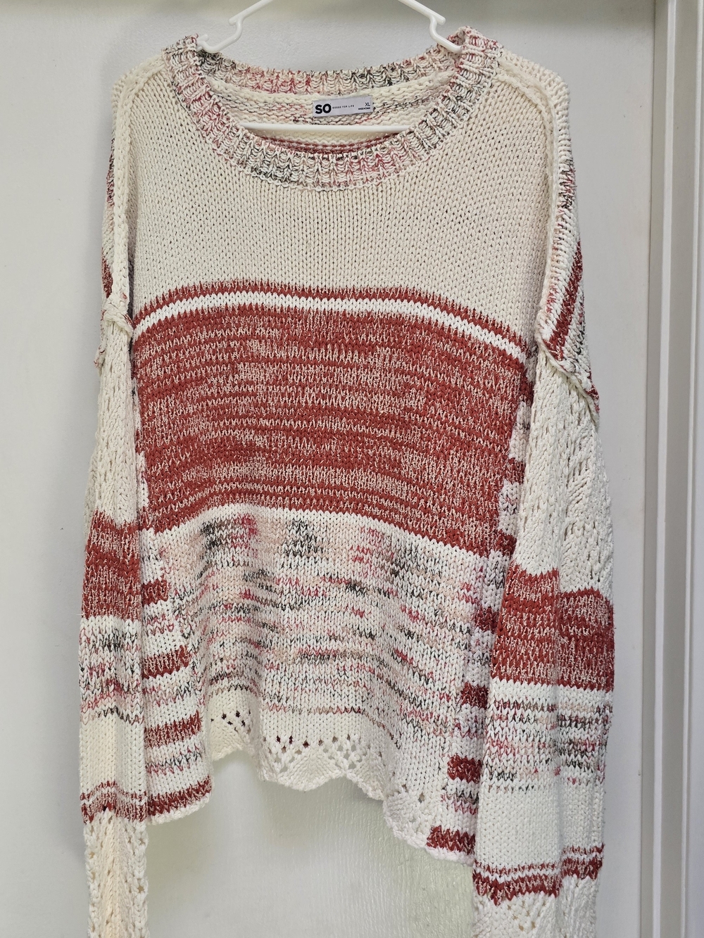 SO Boho Cream and Rust Marled Stripe Knit Pullover XL